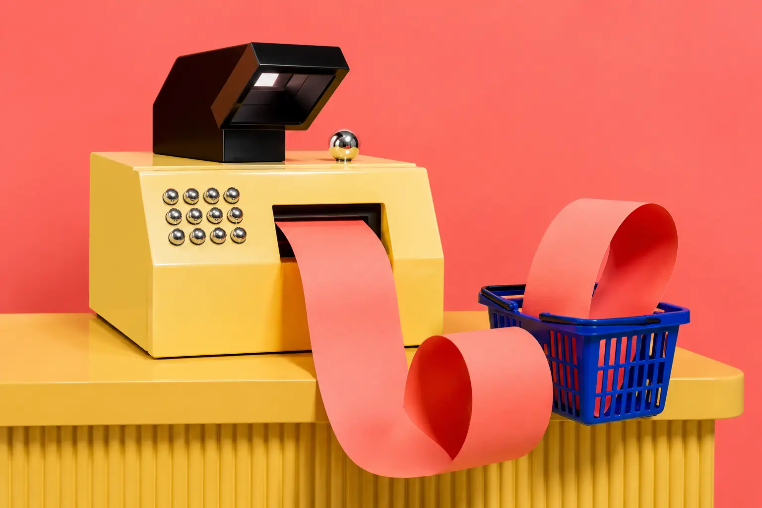 An absurd unbranded checkout machine dispensing a blank coral ribbon into a tiny blue basket