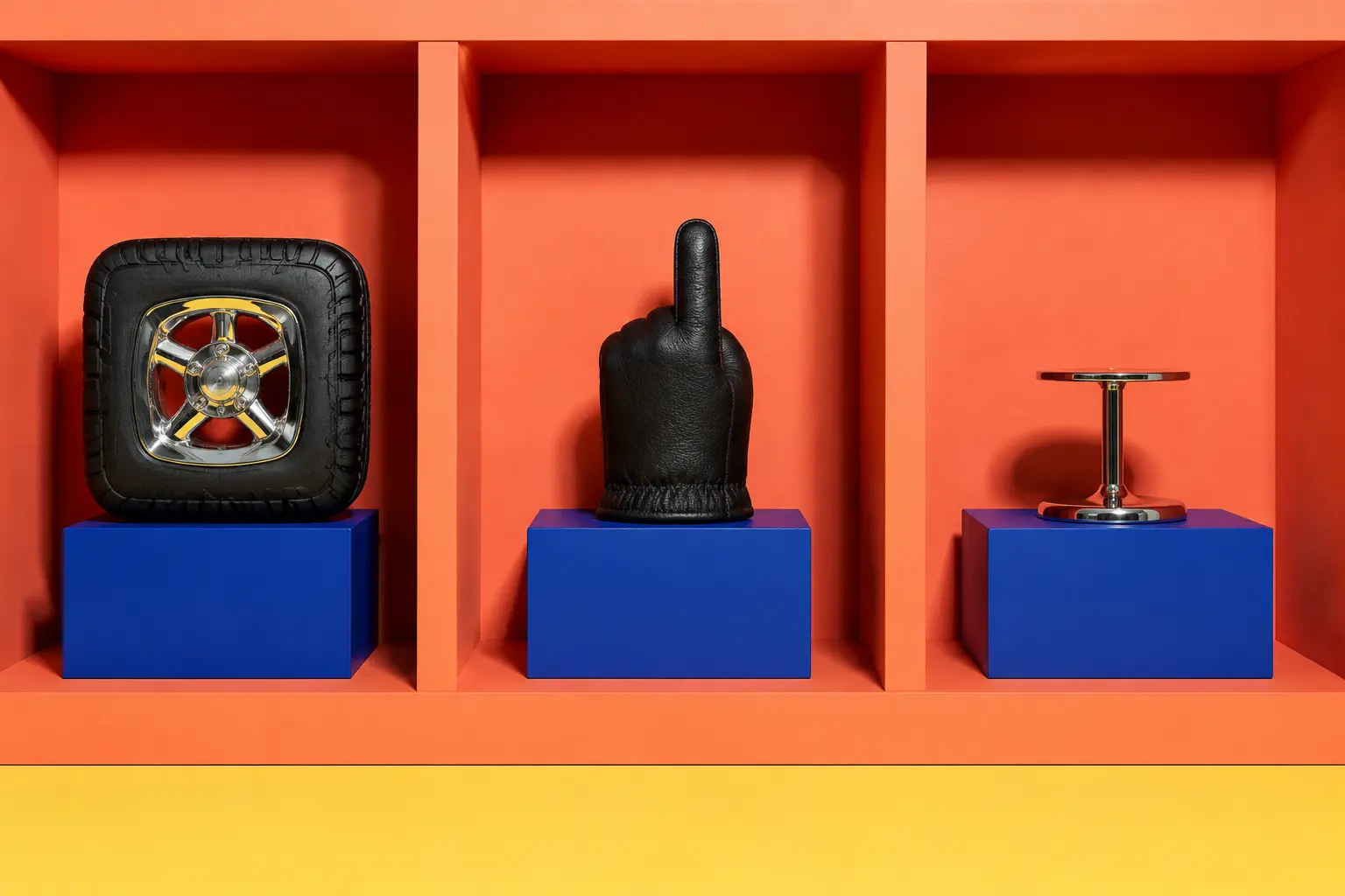 Three invented catalog specimens: a square wheel, a one-finger glove and a pedestal for nothing