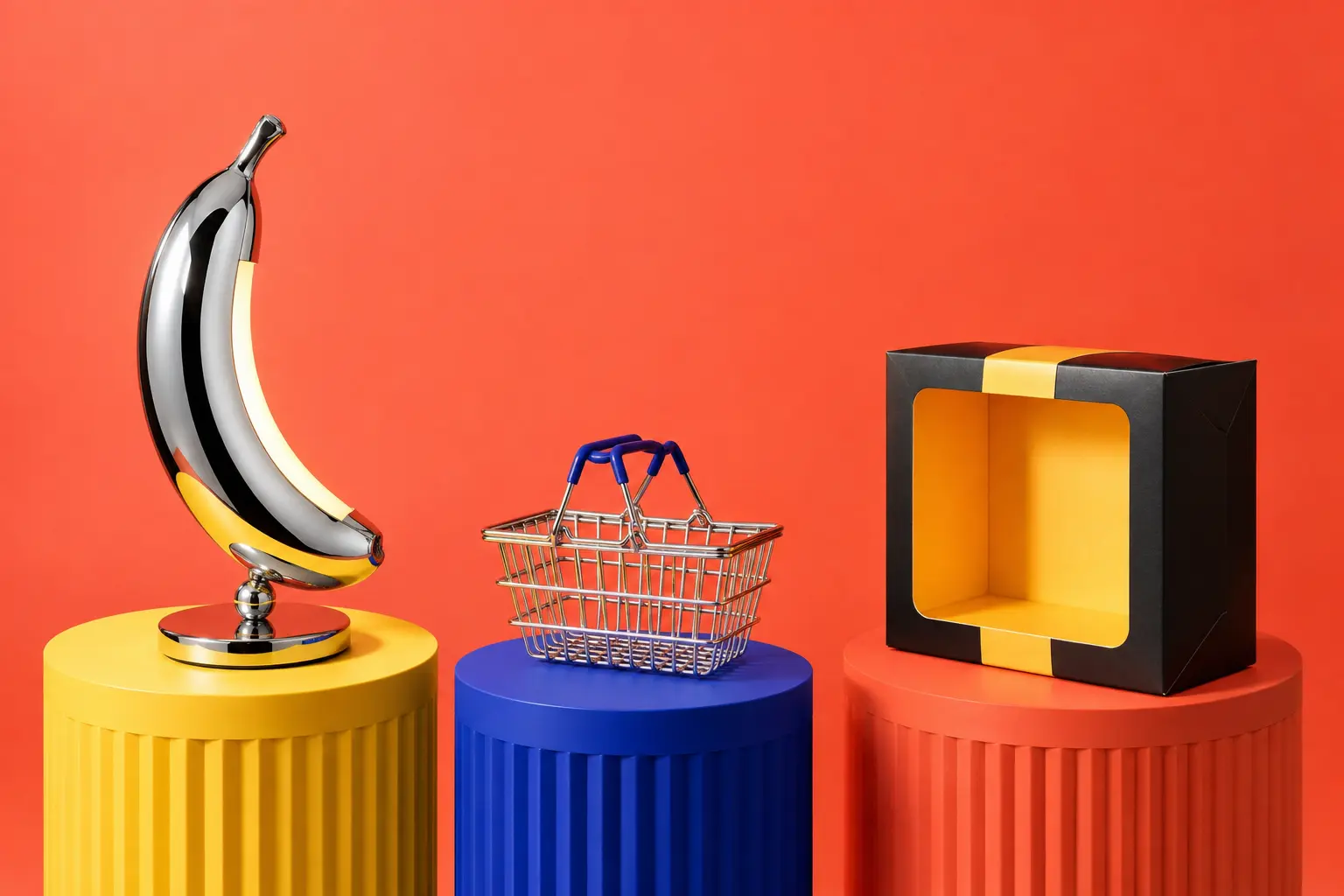 Three surreal unbranded design objects on yellow, blue and coral retail plinths