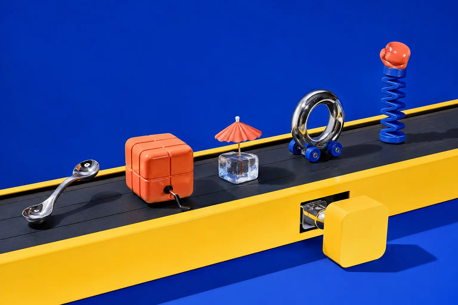 An absurdist checkout conveyor displaying a square wheel, a tiny ice-cube umbrella and a chrome double-bowl spoon